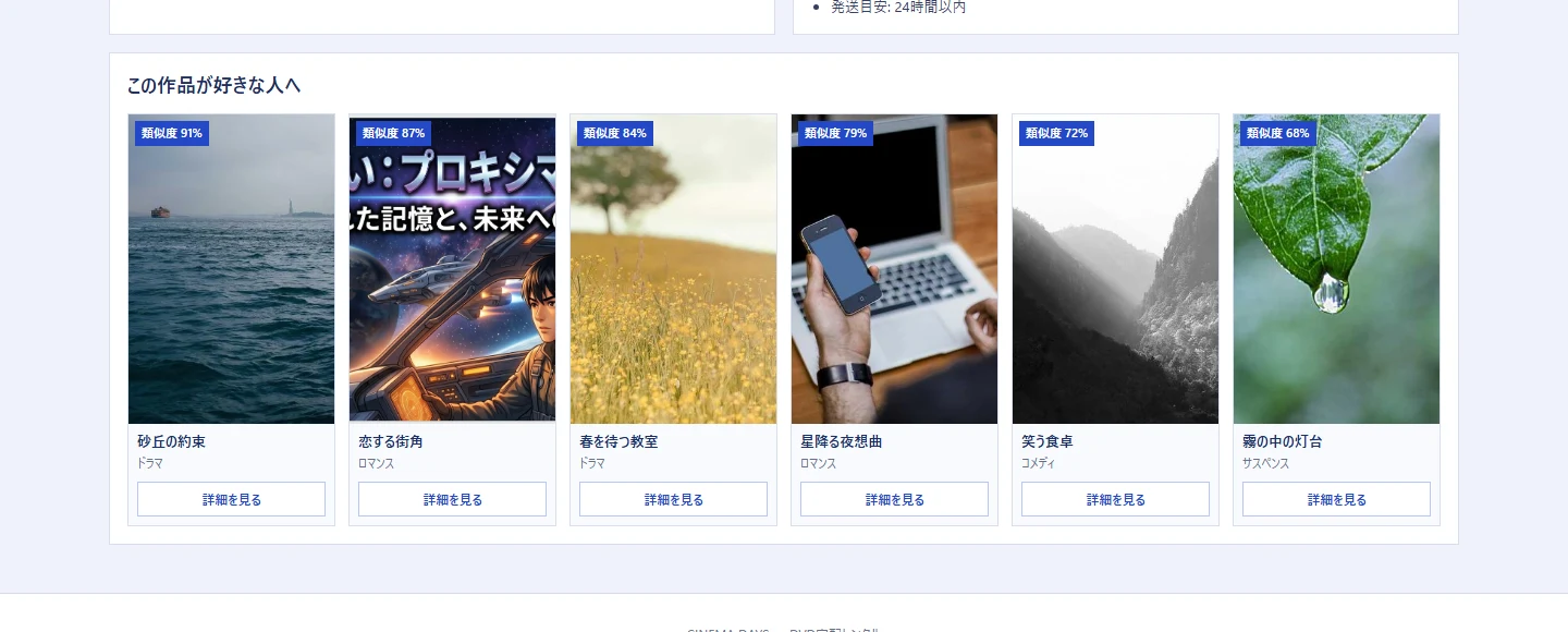 作品詳細ページ下部の「この作品が好きな人へ」。似た作品を類似度つきで並べ、次の詳細へ送る（ポートフォリオ用・作品はデモデータ）